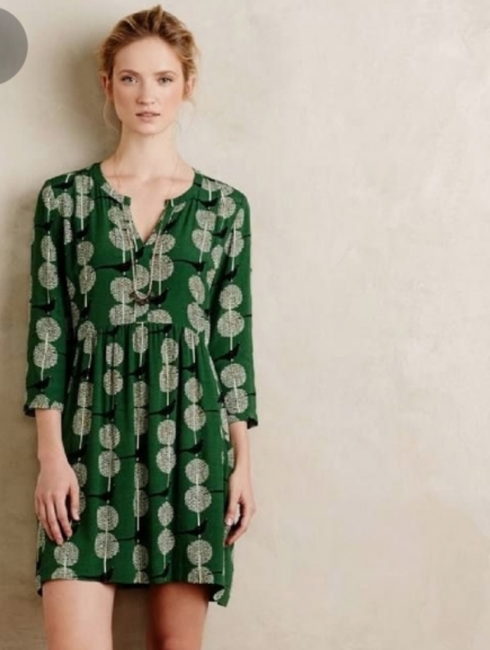 Anthropologie Maeve Green Bird Print Tunic Dress Size Small Pockets